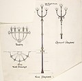 Designs for Church Lights: Wall Bracket, Nave Standard, Chancel Standard, Richardson Ellson & Co., Pen and ink, brush and wash and watercolor