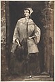 Woman Standing in a Doorway, Constantin Guys (French, Flushing 1802–1892 Paris), Pen and brown ink, brown and black wash, over traces of graphite