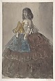 Woman in a Tiered Gown with a Large Bow, Constantin Guys (French, Flushing 1802–1892 Paris), Brush and gray, pale red, blue, and yellow wash over, traces of graphite.  Laid down.