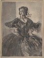 Woman with Arms Akimbo, Constantin Guys (French, Flushing 1802–1892 Paris), Brush and black and gray wash over traces of pen and brown ink.  Laid down.