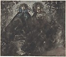 Two Ladies Taking a Walk, Constantin Guys (French, Flushing 1802–1892 Paris), Brush and black wash, with touches of blue and brown wash;  pen and ink.  Laid down.