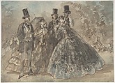 Meeting in the Park, Constantin Guys (French, Flushing 1802–1892 Paris), Pen and brown ink, brush and gray, blue, and black wash