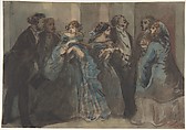 Leaving the Theater, Constantin Guys (French, Flushing 1802–1892 Paris), Pen and brown ink, brush and black, gray, red, blue, and yellow wash