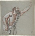 Man Leaning on a Crutch with Left Arm Raised, Alexandre Hesse (French, Paris 1806–1879 Paris), Black, red and white chalk on gray paper
