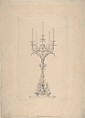 Design for a Five Branched Candlestick Supported by Putti, Anonymous, British, late 19th to early 20th century, Brush and wash, over graphite