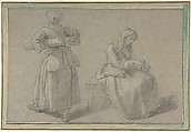 Study of Two Women, Etienne Jeaurat (French, Vermenton 1699–1789 Versailles), Black chalk, heightened with white, on gray paper
