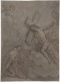 The Vision of St. John of the Cross, Charles de la Fosse (French, Paris 1636–1716 Paris), Black chalk, over red chalk, heightened with white on gray paper