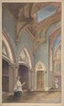 View of Interior with Figures, Saint Clotilde, Jules-Edmond-Charles Lachaise (French, died 1897), Graphite, pen and black ink, watercolor, gouache, and gilt