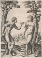 Adam and Eve flanked by two trees, a town in the background, Marcantonio Raimondi (Italian, Argini (?) ca. 1480–before 1534 Bologna (?)), Engraving