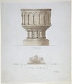 Romanesque Style Font, Anonymous, British, 19th century British, Pen and ink, brush and wash, over graphite, on pale blue paper