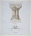 Romanesque Style Font and Plan (recto); One Font (verso), Anonymous, British, 19th century, Pen and ink, brush and wash, over graphite, on pale blue paper