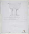 Romanesque Style Font and Plan (recto); One Font (verso), Anonymous, British, 19th century, Pen and ink, brush and wash, over graphite, on pale blue paper