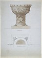 Romanesque Style Font and Plan, Anonymous, British, 19th century, Pen and ink, brush and wash, over graphite, on pale blue paper