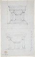 One Font and Plan (recto); Two Romanesque Style Fonts (verso), Anonymous, British, 19th century, Recto: pen and ink, brush and wash, over graphite, on pale blue paper
Verso: graphite