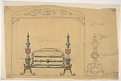 Design for a Grate and Surrounding Mantel, Anonymous, British, 19th century  British, Pen and ink, graphite and watercolor