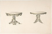 Design for Two Round Tables with Foliate Rococo Style Carving, Anonymous, British, 19th century  British, Pen and ink, brush and yellow wash or watercolor