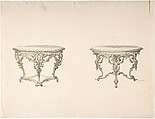 Design for Two Round Tables with Foliate Rococo Style Carving, Anonymous, British, 19th century  British, Pen and gray ink, brush and yellow wash or watercolor