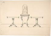 Design for Two Round Pedestal Tables and Square Rococo-style Table Supporting a Clock under Glass, Anonymous, British, 19th century  British, Pen and ink, brush and wash