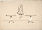 Design for Two Round Pedestal Tables and Rococo-style Carved Shelf Supporting a Clock under Glass, Anonymous, British, 19th century  British, Pen and ink, brush and wash