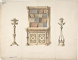 Design for a Cabinet-Bookcase and Two Stands for Flowers, Anonymous, British, 19th century British, Pen and ink, brush and wash, watercolor