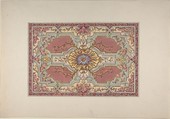 Design for a Painted Ceiling with Strapwork and Foliage on a Rose Background, Jules-Edmond-Charles Lachaise (French, died 1897), Pen and black ink, watercolor, and gouache