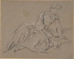 Woman Seated on the Ground, Nicolas Lancret (French, Paris 1690–1743 Paris), Black and white chalk on brownish paper