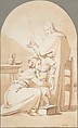 The Holy Family in an Interior, E. La Touche (early 19th century), Pen and brown ink and wash on wove paper
