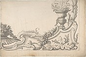 Design for the Corner of a Decoration (recto); Sketch of Monumental Building with Four Temple-Front Entrances (verso), Jacques de Lajoüe (French, Paris 1686–1761 Paris), Pen and dark gray ink, brush and gray wash, with parallel diagonal lines and scale in black chalk, and with incised lines square off in lower part of sheet (recto); pen and gray ink over black chalk (verso). Framing lines on bottom and right side (recto)