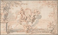 Allegory of Spring, after Sébastien Leclerc, Anonymous, French, 18th century, Brush and gray wash, over red chalk; squared in graphite; framing lines in pen and brown ink.  Vertical crease just left of center.