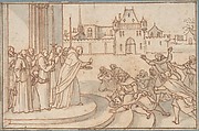 Saint Bernard presenting the host to Guillaume X, duc de Guyenne, Sébastien Leclerc I (French, Metz 1637–1714 Paris), Pen and brown ink, brush and gray wash, over red chalk; framing lines in pen and brown ink