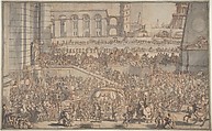 Alexander Entering Babylon, Sébastien Leclerc I (French, Metz 1637–1714 Paris), Pen and brown ink, brush and gray wash over red chalk.  Several corrections on separate pieces of paper, pasted onto original sheet.
