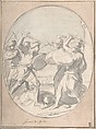 The Relief of Candia, Charles Le Brun (French, Paris 1619–1690 Paris), Black chalk, brush and gray and blue wash, over black chalk. Paper outside oval washed in rose