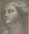 Head of a Woman Looking to Upper Left, Annibale Carracci  Italian, Charcoal, highlighted with white chalk, on blue paper faded light- brown