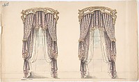 Design for Pink, Mauve and White Floral Curtains with a Gold and White Pediment, Anonymous, British, 19th century British, Pen and ink, brush and wash, watercolor