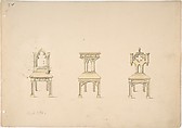Design for Three Gothic Style Wooden Chairs, Anonymous, British, 19th century  British, Pen and ink, brush and yellow wash or watercolor