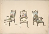 Design for Three Armchairs with Pictorial Upholstery, Anonymous, British, 19th century  British, Pen and ink, brush and wash, watercolor