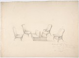 Design for a Suite of Furniture, A Double-sided Sofa, Two Chairs and Two Armchairs (Verso: sketch for shelves and a mirror), Anonymous, British, 19th century, Graphite