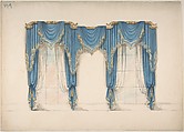 Design for Blue Curtains with Gold Fringes and Pediments, Anonymous, British, 19th century, Pen and ink, brush and wash, watercolor