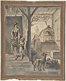 Woman and Child on Stairs, Pierre Lélu (French, Paris 1741–1810 Paris), Pen and brown ink, brush and gray washes over red chalk underdrawing