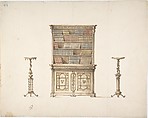 Design for a Bookcabinet and Two Pedestals (Verso: sketch), Anonymous, British, 19th century, Recto: pen and ink, brush and wash, watercolor
Verso: graphite