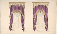 Design for Purple Curtains with Gold Fringes and a Gold and White Pediment, Anonymous, British, 19th century British, Pen and ink, brush and wash, watercolor