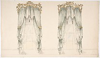 Design for White Curtains with White Fringes and a Gold and White Pediment, Anonymous, British, 19th century British, Pen and ink, brush and wash, watercolor