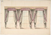 Design for Gray and Pink Curtains with Pink Fringes and a PInk and Gold Pediment, Anonymous, British, 19th century British, Pen and ink, brush and wash, watercolor