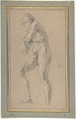 Standing Male Nude Seen from Below, François Le Moyne (French, Paris 1688–1737 Paris), Black chalk, stumping, heightened with white, on beige paper. Framing lines in pen and brown ink.