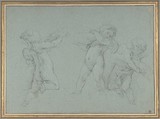 Putti Supporting a Garland, François Le Moyne (French, Paris 1688–1737 Paris), Black chalk on blue paper; framing lines in pen and brown ink. A vertical strip measuring .6 cm has been added at right.