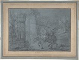 The Flight into Egypt, François Le Moyne (French, Paris 1688–1737 Paris), Black chalk, heightened with white, on blue paper. Framing lines in pen and brown ink.