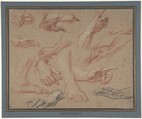 Studies of Hands and Feet, François Le Moyne (French, Paris 1688–1737 Paris), Red and black chalk, heightened with white, on beige paper. Framing lines in pen and brown ink. Lined.