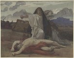 Antigone Gives Token Burial to the Body of Her Brother Polynices, Jules-Eugène Lenepveu (French, Angers 1819–1898 Paris), Watercolor, pen and black ink over black chalk, on gray-green paper