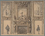 Design for a Wall Decoration with Chimneypiece and Two Figures, Attributed to Antoine Le Pautre (French, Paris 1621–1679 Paris), Pen and brown ink with brush and brown and gray wash