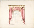 Design for Red Curtains with Gold Fringes and a Gold Gothic Pediment, Anonymous, British, 19th century British, Pen and ink, brush and wash, watercolor
